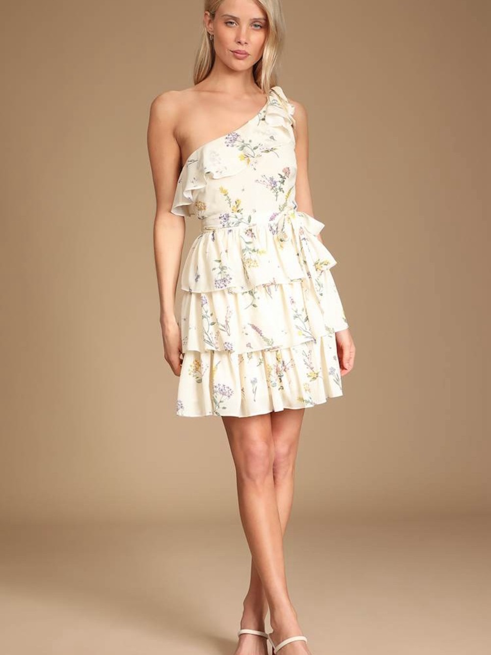 Lulus Perfect Posy Cream Floral Print One-Shoulder Ruffled Mini Dress